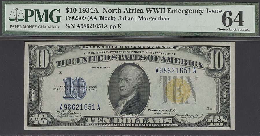 Fr.2309, 1934A, $10 North Africa Silver Certificate, A98621651A, vChCU, PMG-64